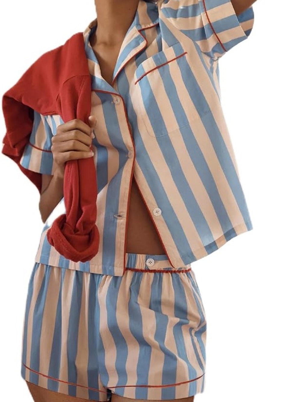 Anthropologie Blue & Cream Striped Short Pajama Set with Red Trim